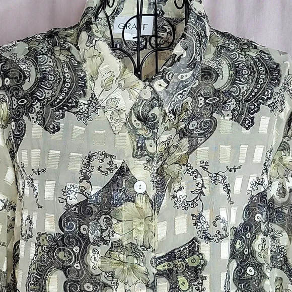 GRAFF Floral Paisley Green and Gold Semi‎ Sheer Blouse XL - Picture 2 of 7